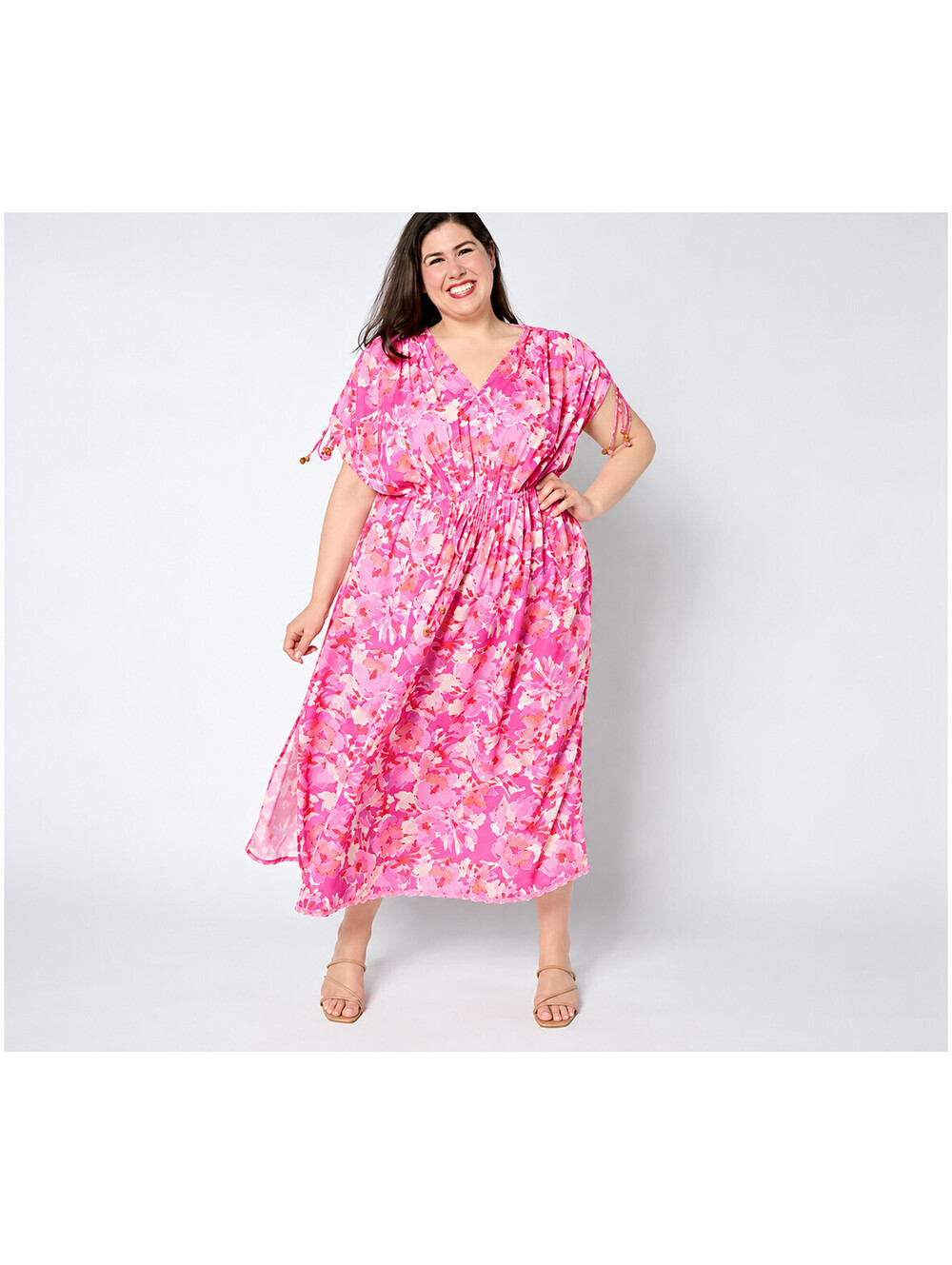 Susan Graver Passport Regular Woven Maxi Dress Beaded Trim Pinklicious, Large
